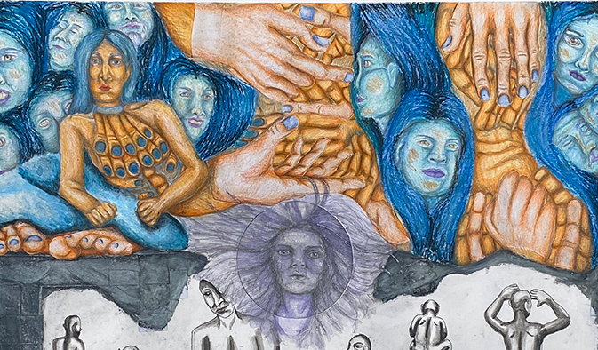 Three paneled drawing of human figures and aspects being posed and positioned in the three areas. An emotion being represented by figures and color schemed.